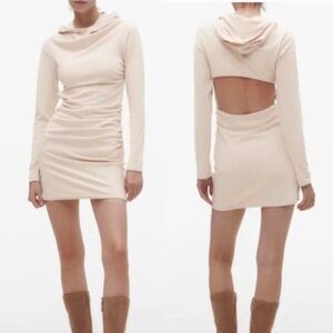 Zara Open Back Hooded Ruched Lined Jersey Long Sleeve Mini Dress Size X-Small